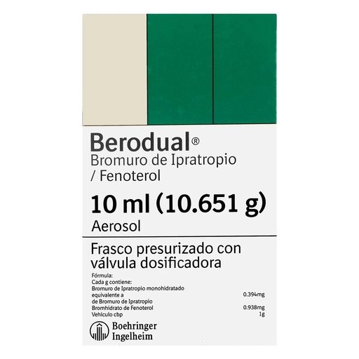 BERODUAL AEROSOL BUCAL 0.394/0.938 MG/G C/10 ML (10.651 G) BROMURO DE IPRATROPIO FENOTEROL LAB BOEHRINGER | Website MC&M