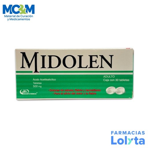 ACIDO ACETILSALICILICO 500 MG C/30 TAB MIDOLEN ADULTO LAB DEGORTS | Website MC&M