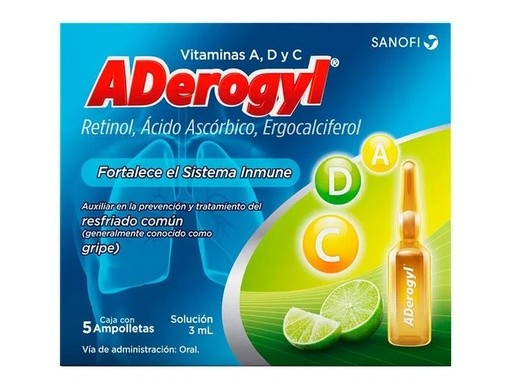 ADEROGYL SOL ORAL 3.3/499.65/0.03 MG/3 ML C/5 AMP RETINOL ACIDO ASCORBICO ERGOCALCIFEROL LAB SANOFI AVENTIS | Website MC&M