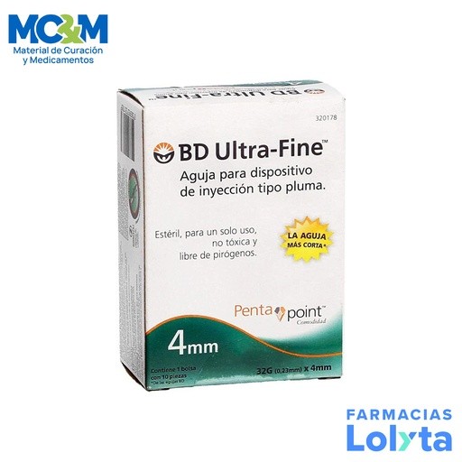 AGUJA BD ULTRA-FINE 32GX4MM P/DISPOSITIVO TIPO PLUMA C/10 PZAS BD | Website MC&M