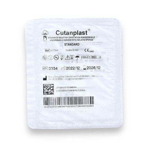 ESPONJA DE GELATINA HEMOSTATICA ABSORBIBLE 70 X 50 X 10 MM REF 0517050 CUTANPLAST (SPONGOSTAN) | Website MC&M
