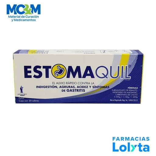 ESTOMAQUIL POLVO 0.300/1.100/1.600 G C/20 SOBRES SUBSALICILATO DE BISMUTO HIDROXIDO DE MAGNESIO CARBONATO DE CALCIO LAB HIGIA |