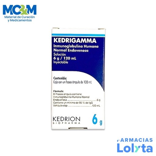 INMUNOGLOBULINA KEDRIGAMMA SOL INY 6GR/120ML AL 5% INMUNOGLOBULINA HUMANA NORMAL ENDOVENOSA C/120 ML LAB KEDRION BIOPHARMA (RF)