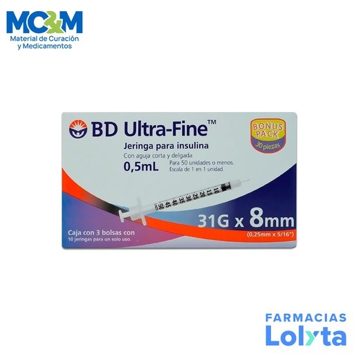 JERINGA PARA INSULINA 0.5 ML 31GX8MM C/30 PZAS ULTRA FINE PLASTIPAK BD | Website MC&M