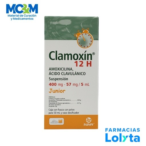 AMOXICILINA ACIDO CLAVULANICO SUSPENSION 400/57 MG/5 ML C/50 ML CLAMOXIN 12 H JUNIOR LAB MAVER | Website MC&M